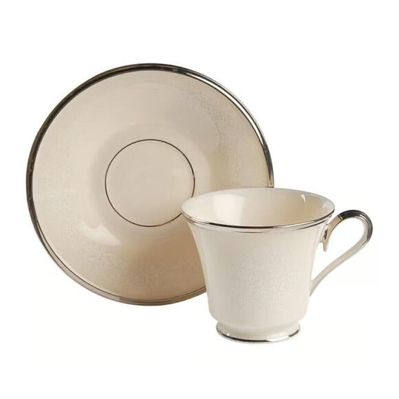Lenox Moonspun Footed 6 Set Of Cup & Saucer Ivory/Silver Trim - Picture 1 of 11